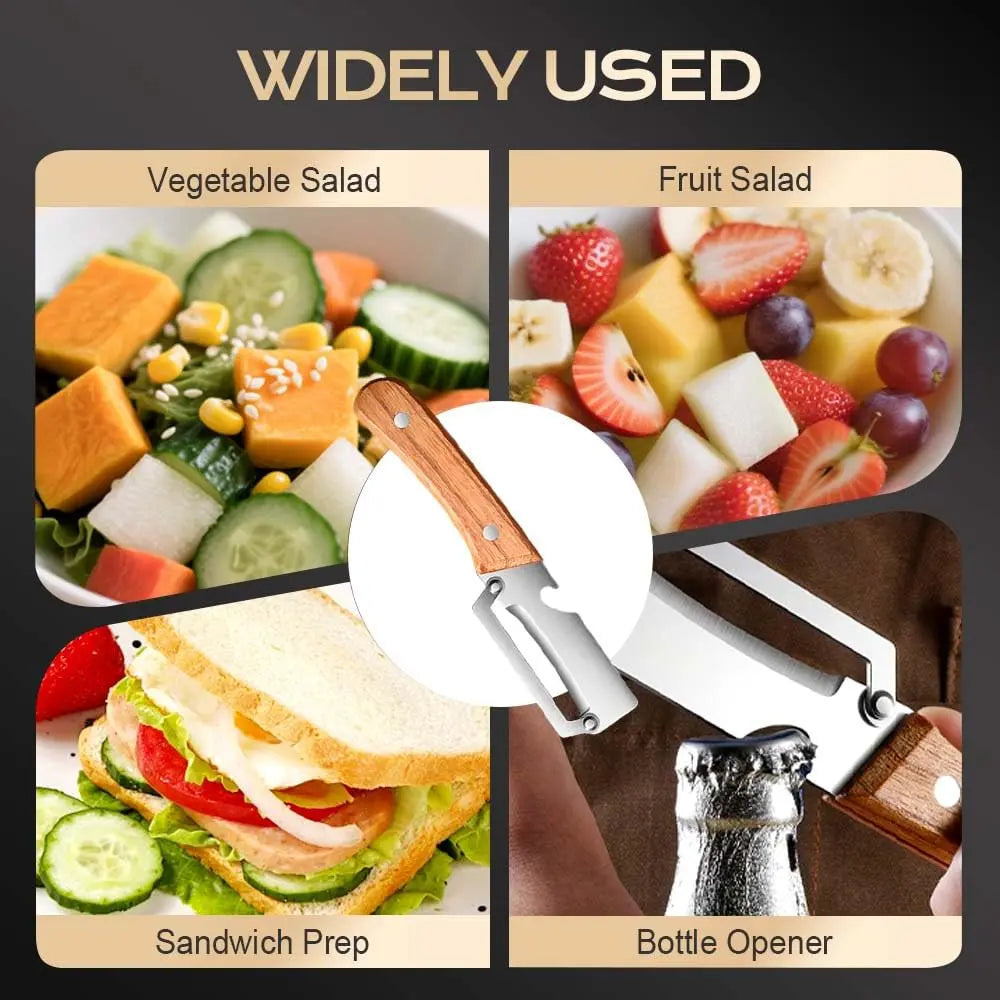 Pelador de Verduras Multifuncional con Mango de Madera — Hoja de Acero Inoxidable y Abridor de Botellas (Pack 2 uds)