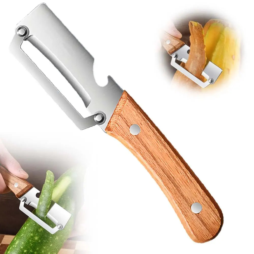 Pelador de Verduras Multifuncional con Mango de Madera — Hoja de Acero Inoxidable y Abridor de Botellas (Pack 2 uds)