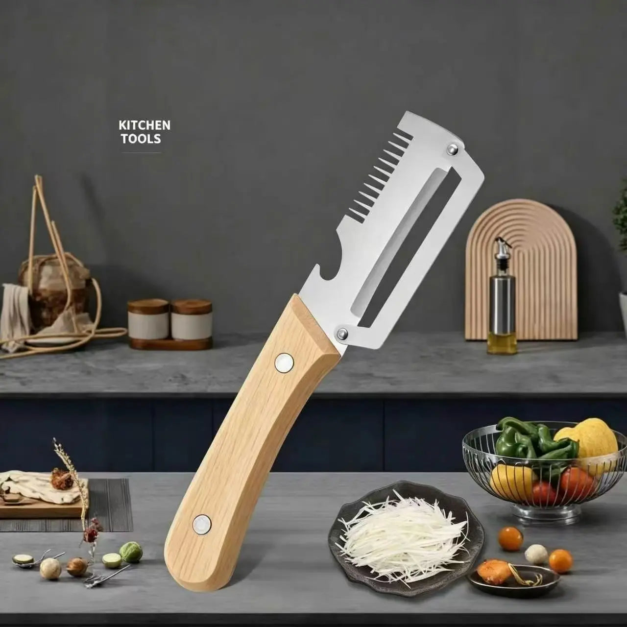 Pelador de Verduras Multifuncional con Mango de Madera — Hoja de Acero Inoxidable y Abridor de Botellas (Pack 2 uds)