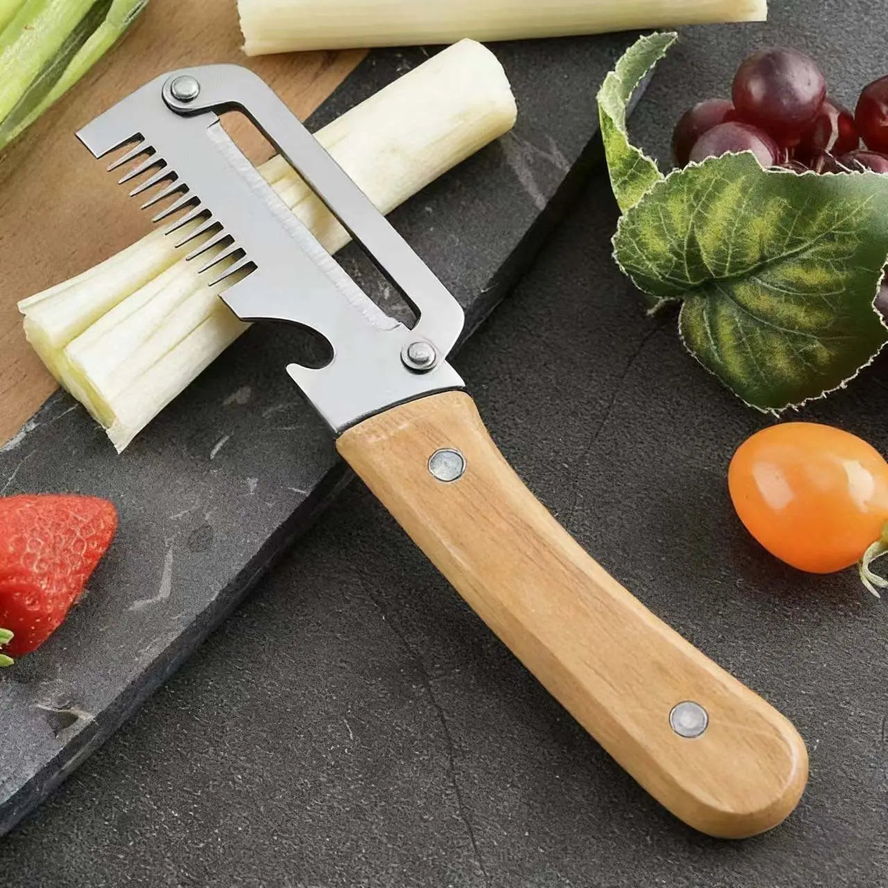 Pelador de Verduras Multifuncional con Mango de Madera — Hoja de Acero Inoxidable y Abridor de Botellas (Pack 2 uds)